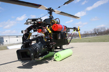 Remote-controlled helicopter camera setup with AG-HPX170 P2 HD handheld.