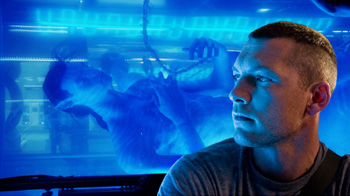 Jake (Sam Worthington) gets his first look at his avatar: a human-alien hybrid bred from Jake's own DNA. Photo courtesy of Twentieth Century Fox.