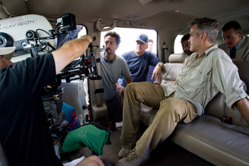 (Left) Director Grant Heslov and (right) George Clooney on the set of Overture Films' "The Men Who Stare at Goats". Photo Credit: Laura Macgruder. Photo courtesy of Westgate Film Services, LLC.