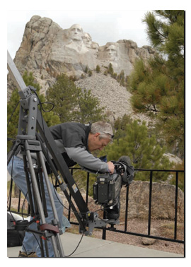 The author operates the jib arm from the front of the camera, shooting for Good Morning America’s National Treasures series. While the shoot is at Mt. Rushmore, the national treasure highlighted was Badlands National Park, located in south central South Dakota.