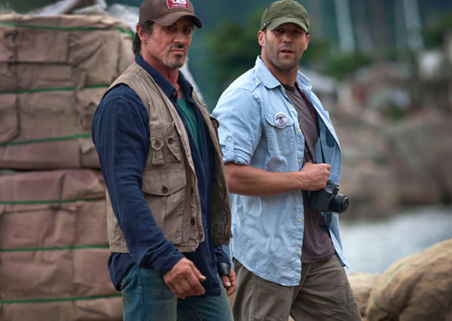 Barney Ross (Sylvester Stallone, left) and Lee Christmas (Jason Statham, right) in "The Expendables". Photo credit: Karen Ballard.