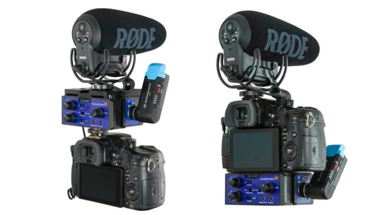The Beachtek DXA-MICRO PRO+ can be mounted on the top of your camera or at the bottom of your camera.