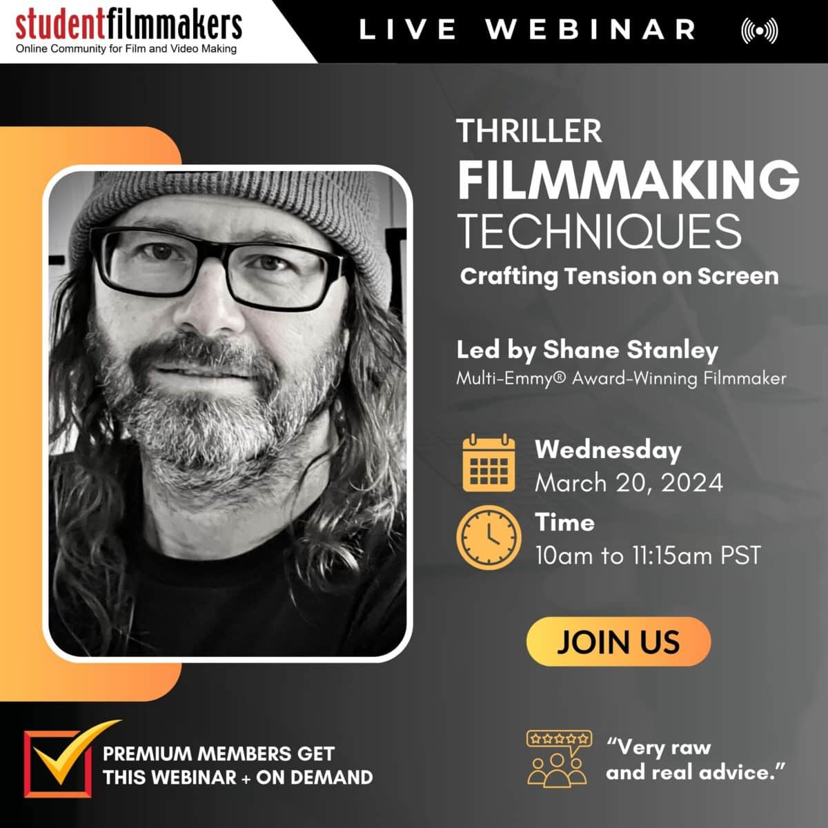 Live Webinar: "Thriller Filmmaking Techniques: Crafting Tension on Screen" with Shane Stanley, Multi-Emmy® Award-Winning Filmmaker